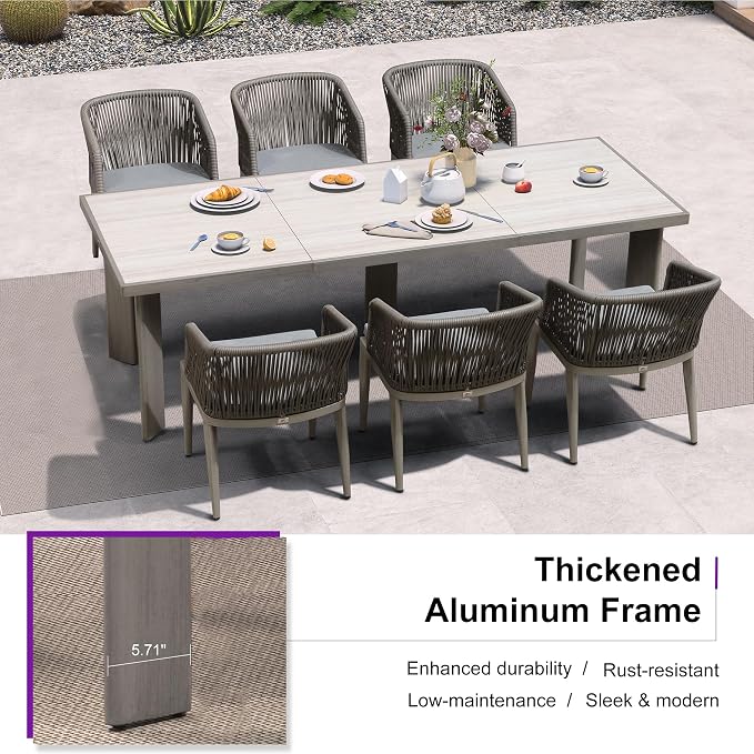 PURPLE LEAF 7 Pieces Outdoor Dining Set Patio Table and Chairs Set for 6 Aluminum Wicker Rattan Patio Furniture Set for Lawn Garden Porch Grey