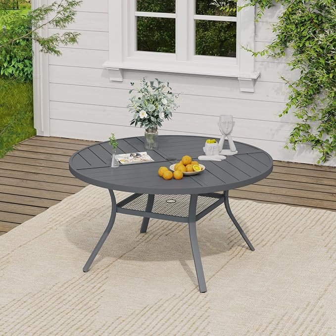 VICLLAX 47.2" Round Outdoor Table, Patio Dining Table for 6 with Umbrella Hole for Garden Lawn Deck Backyard, Dark Grey