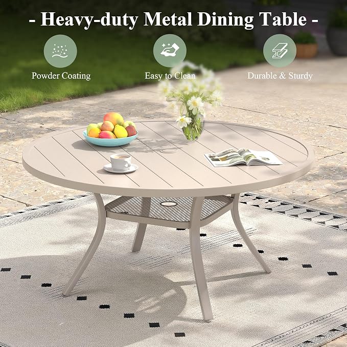 47.2" Patio Dining Table for 6, Round Outdoor Metal Dining Table with Umbrella Hole for Lawn Garden Backyard, Sandshell