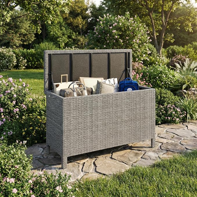 GarveeLife Medium Outdoor Wicker Storage Box, PE Rattan Patio Storage Chest with Steel Frame, Compact Deck Storage Box for Cushions, Toys & Outdoor Essentials – Gray Wicker