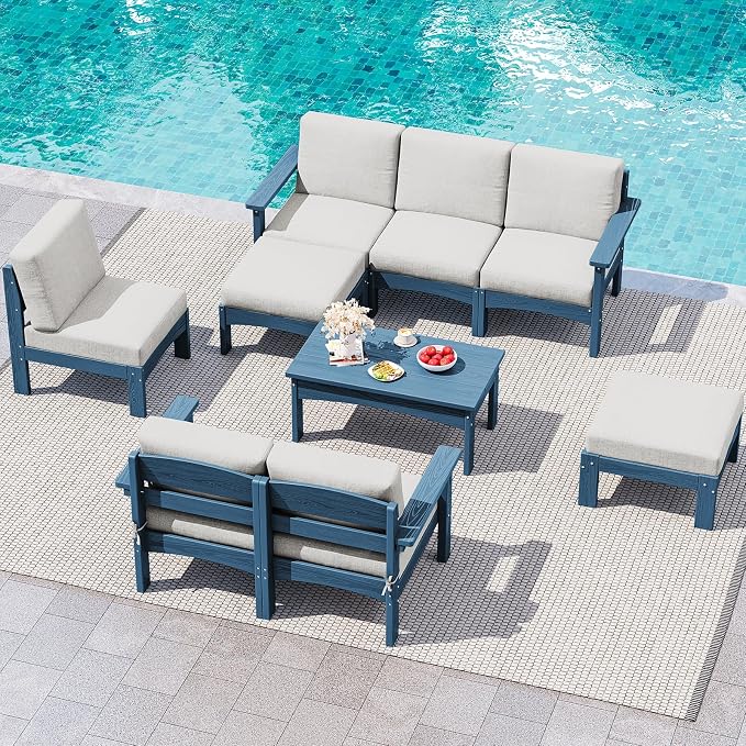 SERWALL 9 Pieces Patio Conversation Set, All-Weather HDPE Outdoor Sectional Sofas with Removable Cushions and Coffee Table, Extra-Large Furniture Set for Backyard, Blue Frame with Khaki Cushion