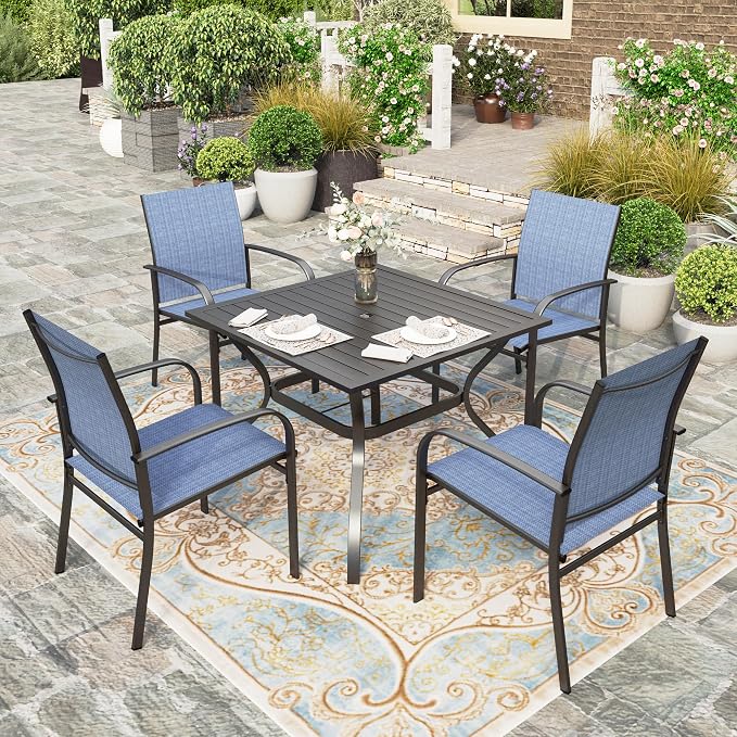 HERA'S HOUSE Patio Table and Chairs for 4, Outdoor Dining Set, Blue | 37" square metal dining table with textilene Chairs, Rust-resistant all-weather for Lawn Garden Backyard