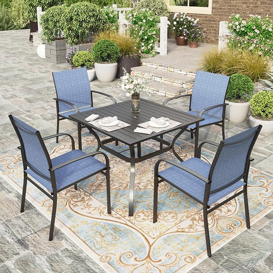 HERA'S HOUSE Patio Table and Chairs for 4, Outdoor Dining Set, Blue | 37" square metal dining table with textilene Chairs, Rust-resistant all-weather for Lawn Garden Backyard