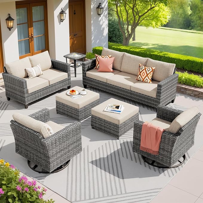 ovios 7 Pieces Patio Furniture Set, Outdoor Wicker Rattan Sofa Couch with Swivel Glider Chairs Loveseat Comfy Cushions Modern Conversation Set for Backyard Porch, Beige