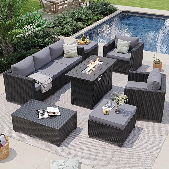Aoxun Patio Furniture Set with Fire Pit Table, 7 Seats Piece Outdoor Furniture Set with Wicker Ottomans, Rattan Outdoor Sectional Sofa with Storage Table & Waterproof Cover Grey