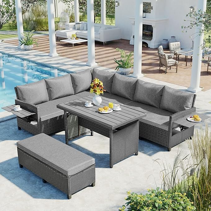 GDFStudio Brava Patio 5-Piece Conversation Set, Outdoor Rattan Sectional Sofa Set with Extendable Side Tables, Dining Table and Bench, L Shaped PE Wicker Furniture Set for Garden, Poolside, Grey