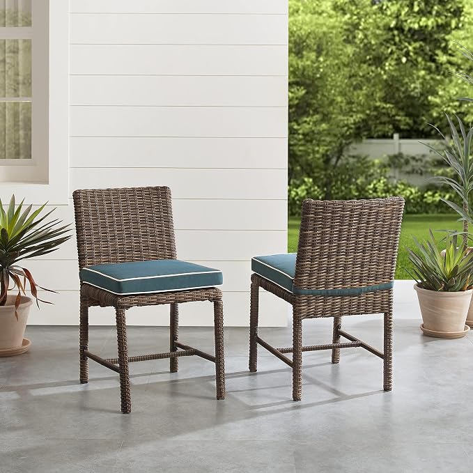 Crosley Furniture Bradenton 2-Piece Outdoor Chair Set, Wicker Dining Patio Chairs for Deck, Backyard, Weathered Brown with Navy Cushions