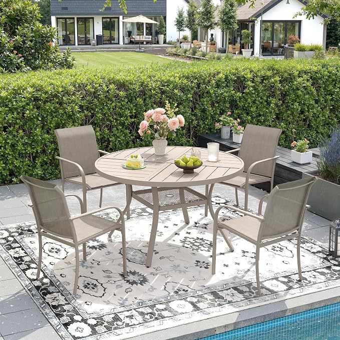 DIFY Patio Dining Set for 4, 5 Piece Outdoor Table and Chairs Set, 40.6" Round Metal Patio Dining Table and 4 Textilene Stackable Patio Chairs, for Backyard Garden Poolside, Sandshell