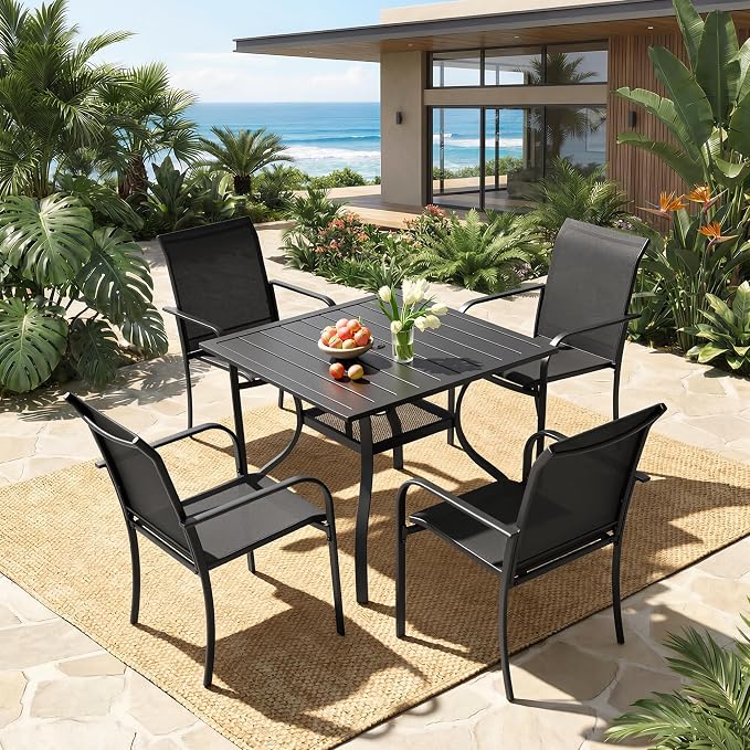 Crownland 5 Piece Patio Dining Set, Outdoor Textilene Dining Sets, 4 Textilene Metal Chairs and Square Outdoor Dining Table with 1.57" Umbrella Hole (Black)