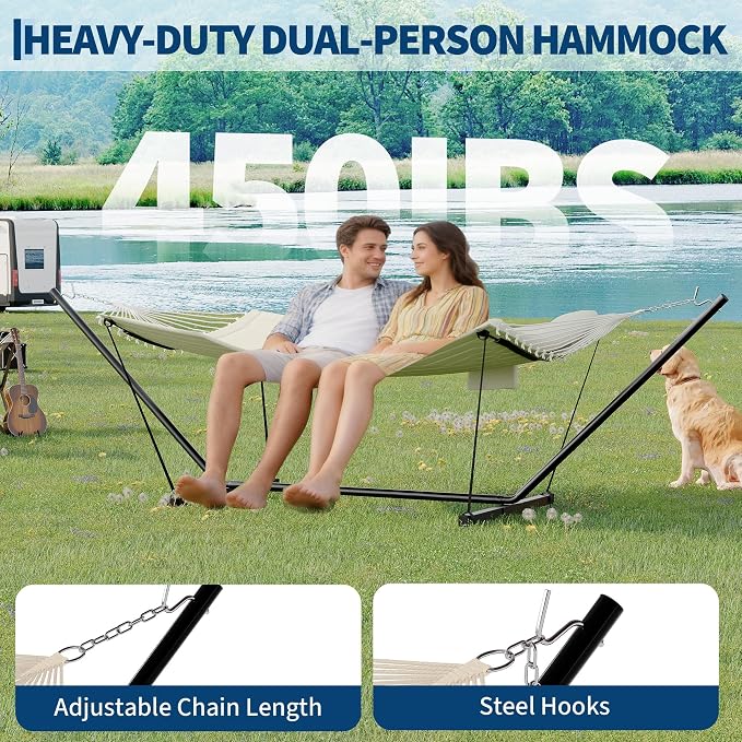 TrailBlaze Double Hammock with Stand and Pillow for 2 Persons – Large Freestanding Outdoor Hammock, 450 lbs Capacity – Wooden Spreader Bar, Balance Rope & Chains – Patio, Garden, Poolside – Offwhite