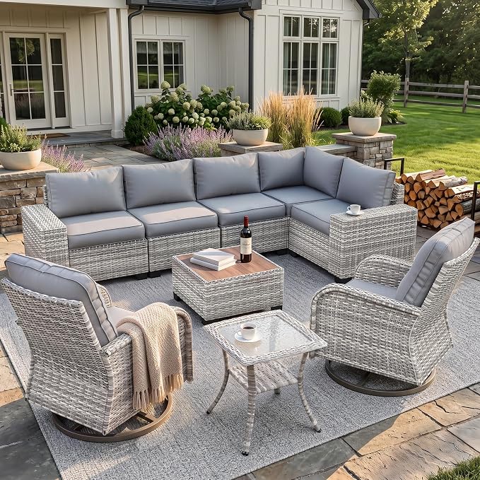 9-Piece Outdoor Patio Furniture Set with Rocking Swivel Chair Wicker Sectional Sofa Set, Patio Conversation Set with Thickened Cushions & Coffee Table for Garden, Backyard, Poolside, Grey