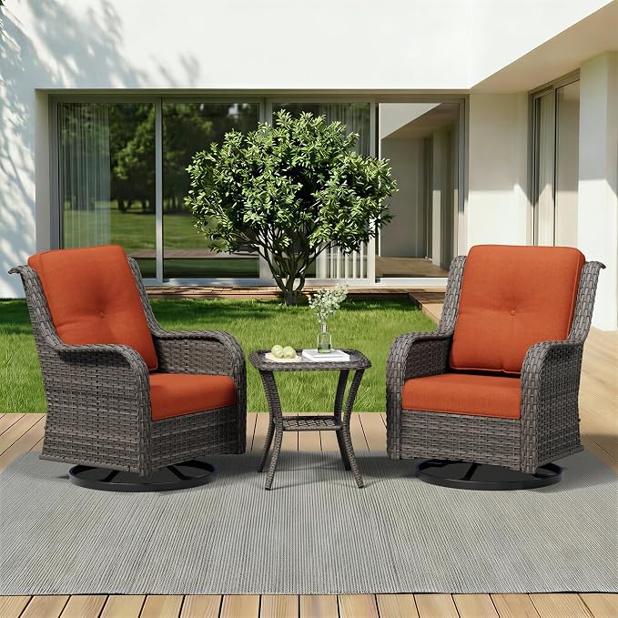 3 Piece Outdoor Wicker Patio Furniture Set, Swivel Rocker Patio Chairs Set with Thickened Olefin Cushions, High Back and Deep Seating, Hand-Woven PE Rattan for Porch, Deck