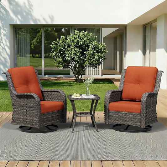 3 Piece Outdoor Wicker Patio Furniture Set, Swivel Rocker Patio Chairs Set with Thickened Olefin Cushions, High Back and Deep Seating, Hand-Woven PE Rattan for Porch, Deck