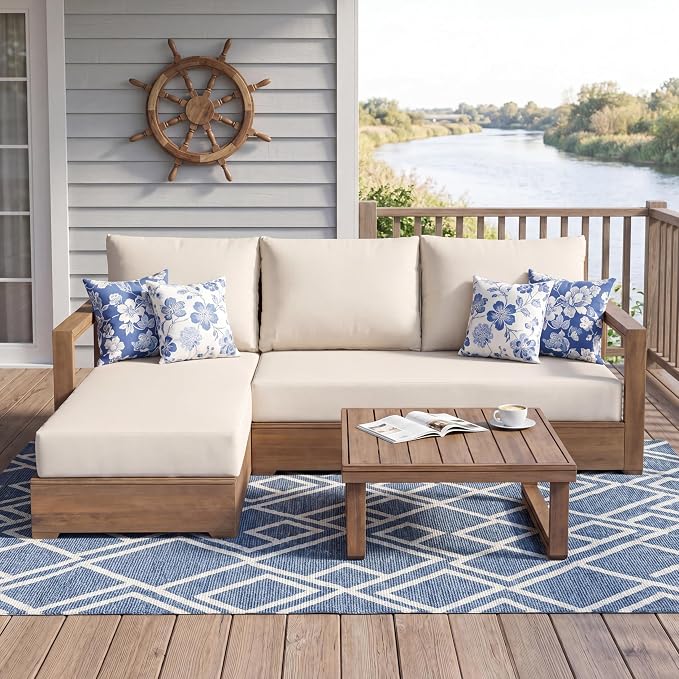 Christopher Knight Home 3-Seater L-Shaped Patio Sectional Sofa Set with Coffee Table, Acacia Wood Outdoor Furniture, Floor Seating Modular Couch Set for Backyard Porch Garden Balcony Deck, Beige+Brown