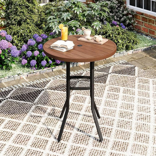 DIFY Patio Bar Height Table, 35.5" Round Outdoor Bistro Table with 1.57" Umbrella Hole for Poolside, Balcony, Pub and Garden, Walnut