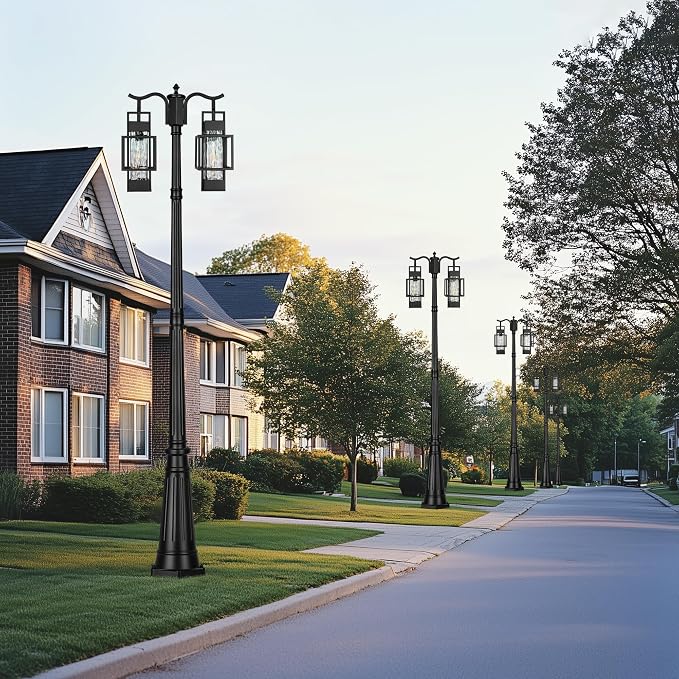 Modern Outdoor Lamp Post Light 2-Head, Hardwired Street Light Post for Outside Metal Pole Light Outdoor Lighting with Water Glass Shade for Garden Patio Backyard Walkway Driveway