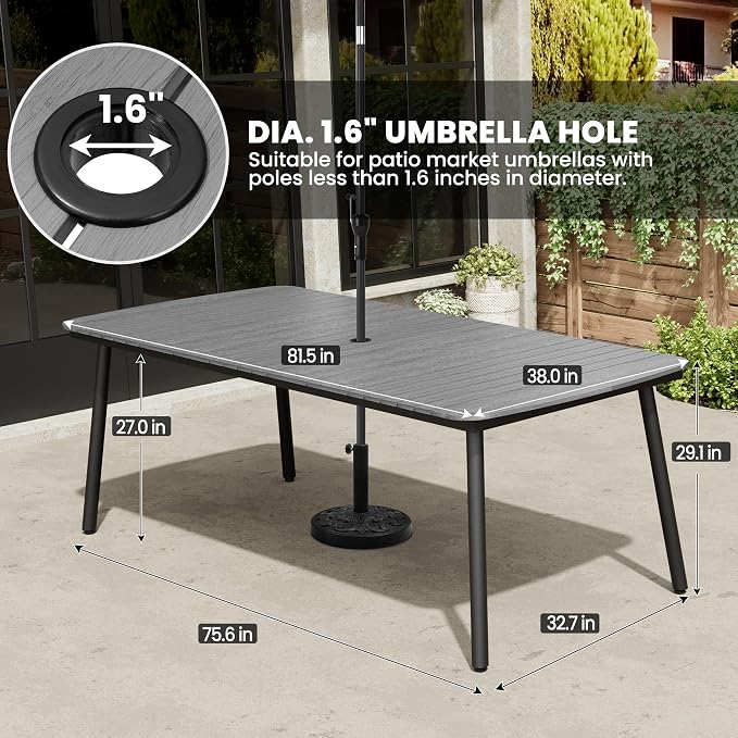 Outdoor Dining Table for 8, 82" Patio Table | Grey Rectangle Table with Aluminum Frame and Waterproof Wood Grain Tabletop for Lawn Backyard Garden Poolside