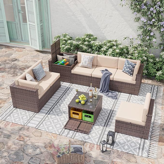 Aoxun 8 Piece Patio Furniture Set, Wicker Outdoor Furniture with Large Storage Table, Patio Conversation Sets with Waterproof Cover, Outdoor Sectional Sofas for Backyard Garden(Brown/Khaki)