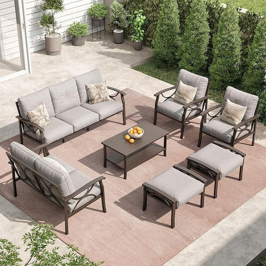 RoyalCraft Outdoor Patio Furniture Set, 7 Piece Patio Conversation Set with Coffee Table and Ottomans, Metal Furniture Set for Porch Backyard Garden, Grey