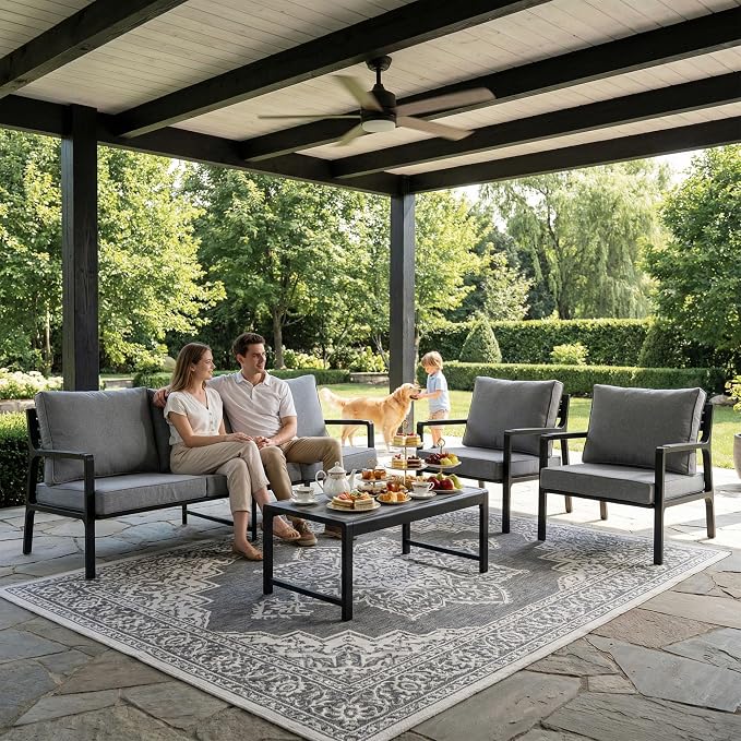 COSIEST 4-Piece Iron-Aluminum Patio Furniture Set, 5-Seater Patio Conversation Set, 3-Seat Outdoor Sectional Sofa with 2 Cushioned Chairs and Wood-Grain Coffee Table for Porch, Balcony, Deck