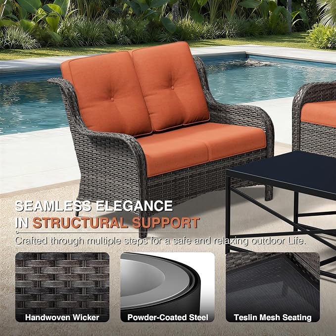Joyside 6 Piece Wicker Patio Furniture Set, Outdoor Swivel Rocker Patio Chairs with High Back, Deep Seating, Wide Armrest, Thickened Cushions, Outdoor Furniture for Deck, Porch Use