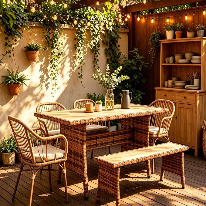 HOMREST 53" Outdoor Patio Dining Table, Handwoven PE Rattan Wicker Rectangular Table for 4-6 People with Metal Frame for Backyard, Porch, Deck, Balcony, Garden Furniture, Brown