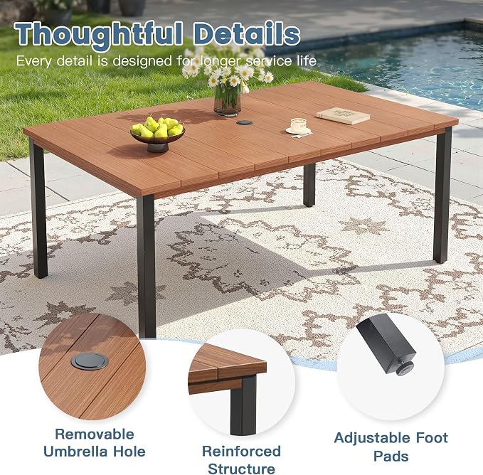 DIFY Outdoor Dining Set for 6, 7 Piece Patio Table and Chairs Set, Swivel Patio Chairs with Brown Textilene & 63" Walnut Rectangle Metal Dining Table with Umbrella Hole, for Garden Backyard Deck