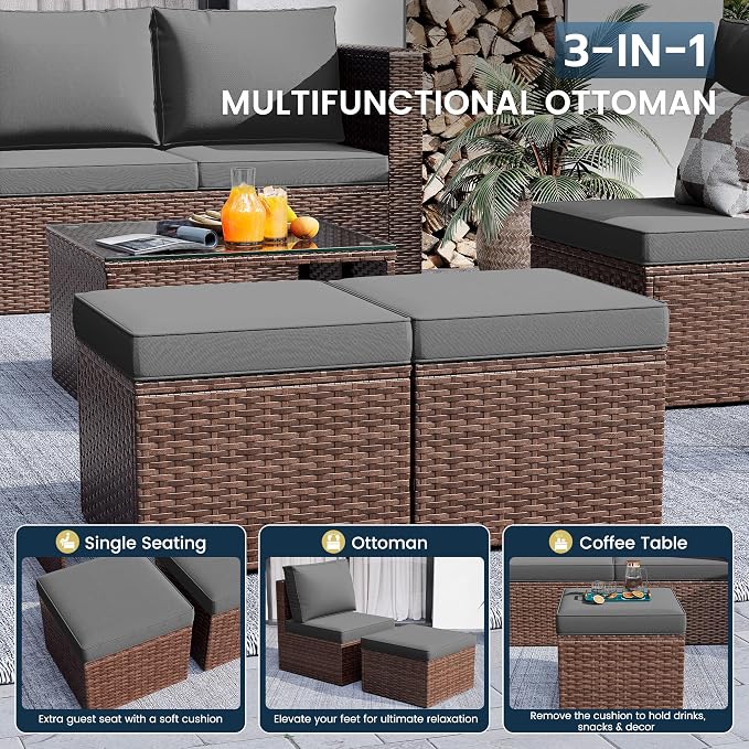 Amopatio Patio Furniture Set with Fire Pit Table, All-Weather Wicker Outdoor Conversation Sofa Set with Glass Coffee Table, Cushions & Ottomans for Deck Backyard Porch Lawn Brown/Dark Grey