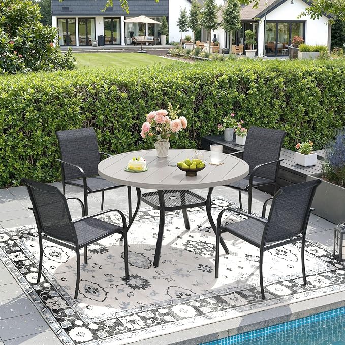 DIFY Outdoor Dining Set for 4, Patio Dining Furniture Set Includes 42" Grey Wood-Like Round Table with Adjustable Umbrella Hole and 4 Grey Stackable Metal Chairs for Poolside, Garden, Backyard