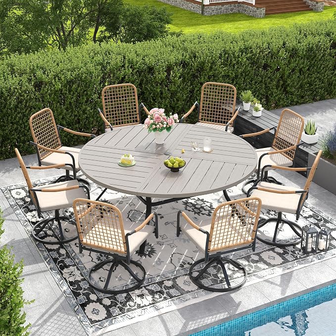 DIFY 9 Pieces Outdoor Dining Set, Metal Patio Table and Chairs Set for 8, 63" Round Dining Table with Umbrella Hole & Wicker Swivel Patio Chairs with Cushions, Grey Wood-Like Tabletop