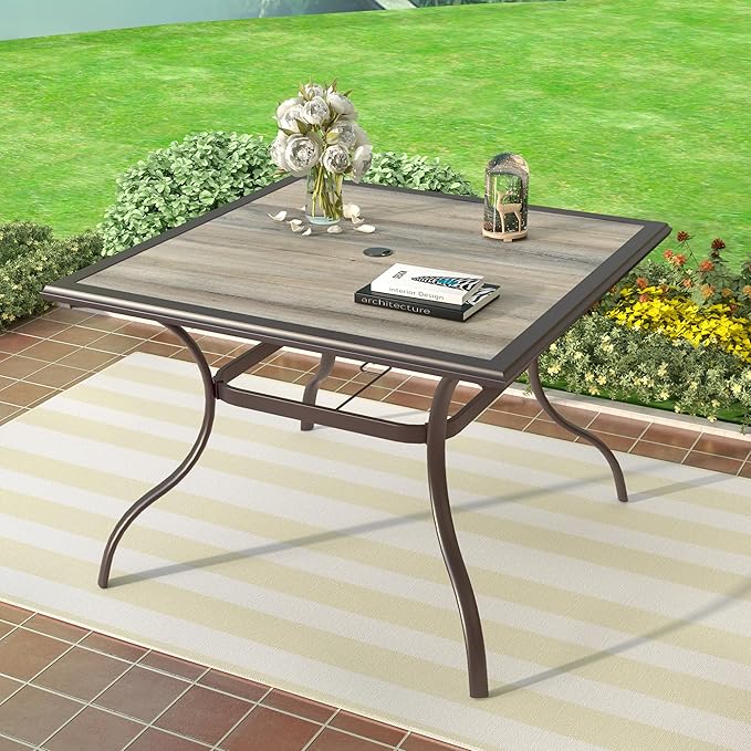 37" Outdoor Patio Table,Square Patio Dining Table with Laminated Top & 1.6" Umbrella Hole,Brown Frame