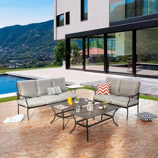 4 Pieces Patio Conversation Set 5 Seat Outdoor Furniture Sofa Chairs Patio Furniture Seating Sets with Cushion and Cofffee Table (Gray)