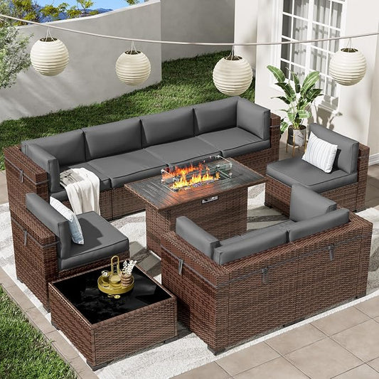 Patio Furniture Set with 44'' Propane Gas Firepit Table, 10 PCS Modular Outdoor Sectional Conversation Sets, All-Weather Wicker Patio Set for Backyard, Grey (Waterproof Covers Included)