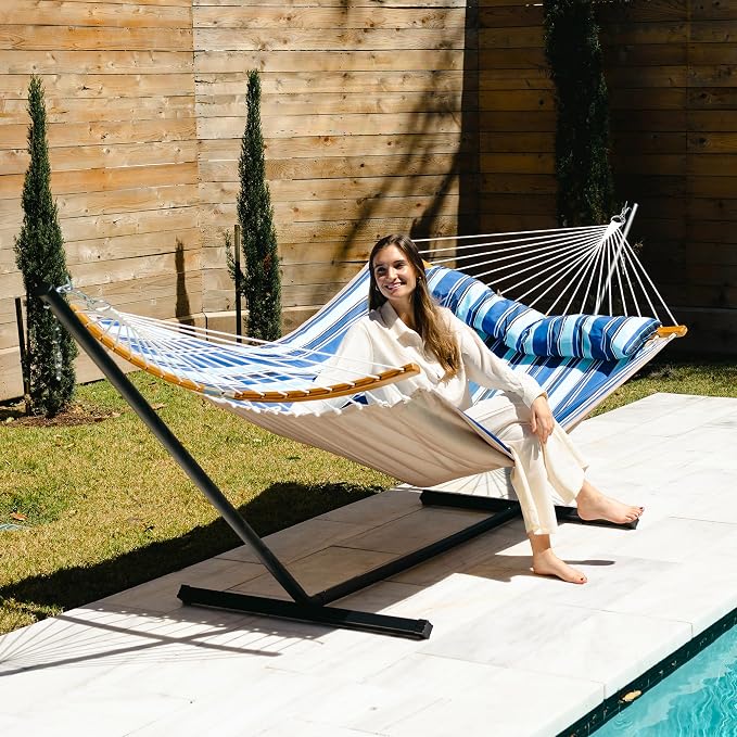 12 Ft Hammock with Stand for Outside, 2 Person Hammock Freestanding with Curved Spreader Bars, Pillow and Portable Bag, Heavy Duty 450 Lbs, Blue Stripes