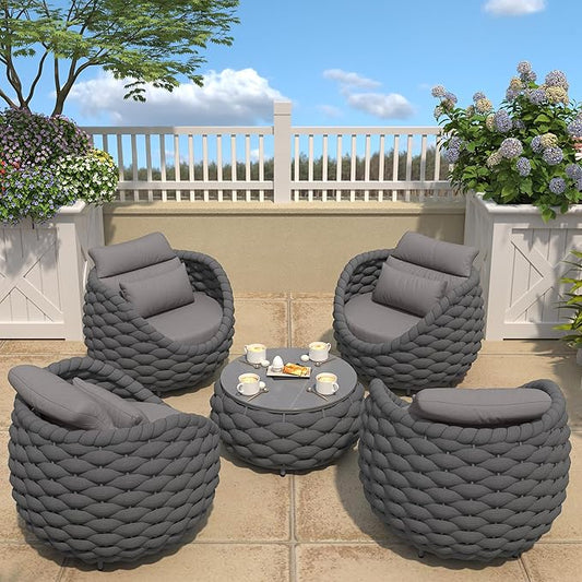 TWT 3 Piece Patio Furniture Set, Gray Woven Rope Conversation Set with Washable Cushions (Polyester Dark Grey Rope w/Dark Grey Cushion, 5pcs 4 Armchair+Table)
