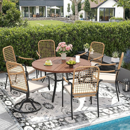 DIFY 7 Pieces Outdoor Dining Set for 6, 47.2" Walnut Round Metal Table with 4 Stackable Wicker Patio Chairs & 2 Swivel Chairs, Patio Furniture Set with Cushions and Umbrella Hole, Wheat Rattan