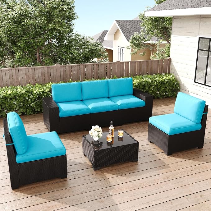 LayinSun 6 Pieces Patio Furniture Set, Black Rattan Modular Sectional Outdoor Conversation Sofa Set