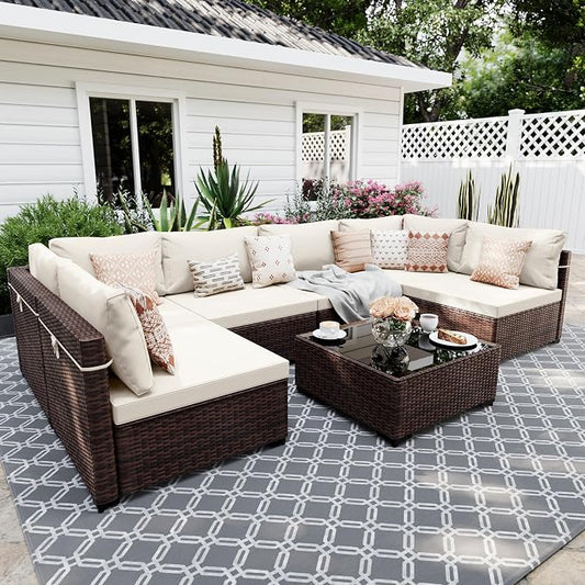 UPHA 7 Pieces Patio Furniture Sets, Wicker Outdoor Sectional Sofa Couch with Coffee Table, Patio Conversation Set for Deck Backyard Garden, Brown Rattan, White Cushion