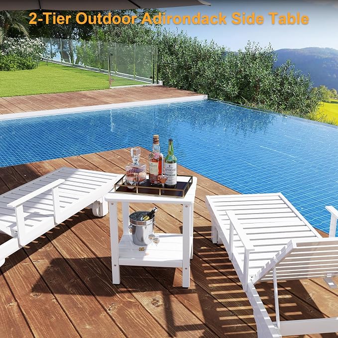 Outdoor Side Table, Small Square Patio Side Table with Adjustable Feet, All-Weather HDPE Adirondack End Tables for Porch Deck Balcony Pool, 2-Tier Storage, Easy Maintenance, White