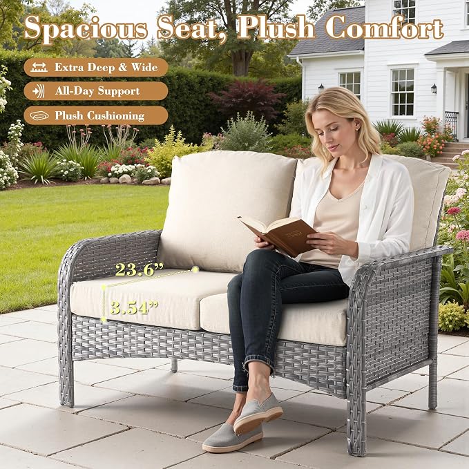 6 Pieces Patio Furniture Set, All-Weather Rattan Wicker Outdoor Furniture Loveseat Chairs with Coffee Table, High Back Conversation Set for Porch, Backyard, Balcony,Beige