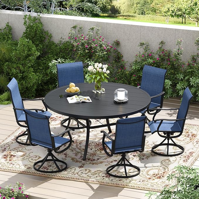 7 Pieces Patio Furniture Dining Set, 6 Textilene Swivel Dining Chairs, 53" Outdoor Round Metal Table with 1.57" Umbrella Hole, Outdoor Dining Set for Porch, Lawn, Garden, Black/Blue