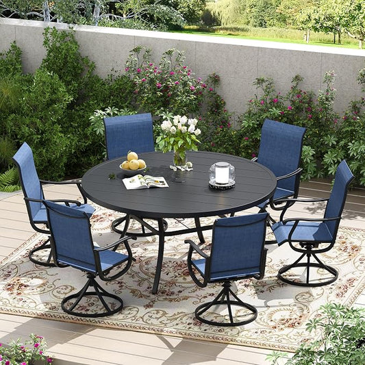 7 Pieces Patio Furniture Dining Set, 6 Textilene Swivel Dining Chairs, 53" Outdoor Round Metal Table with 1.57" Umbrella Hole, Outdoor Dining Set for Porch, Lawn, Garden, Black/Blue