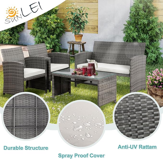 SUNLEI Patio Furniture Set 4 Piece Outdoor Furniture Set, PE Rattan Wicker Patio Conversation Set with Cushions & Glass Coffee Table, Backyard Patio Seating for Balcony Porch Garden Poolside, White