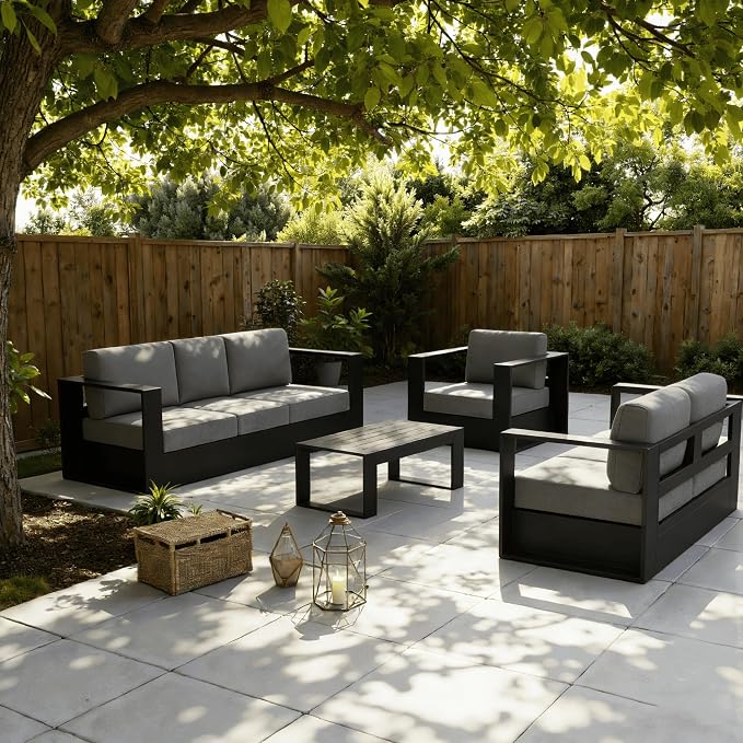 LayinSun Oversized Aluminum Outdoor Furniture Set, 5 Piece Patio Sofa Sets with Coffee Table, Deep Seating and Upgraded 6-inch Cushions for Porch, Balcony, Deck