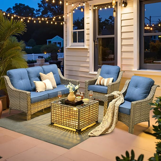 ovios 4 Piece Outdoor Patio Furniture with 3 Seat Sofa,Rattan Wicker Coversation Set with High Back,Sectional Single Sofa with Ottoman for Outside Porch Balcony Backyard Pool, Blue