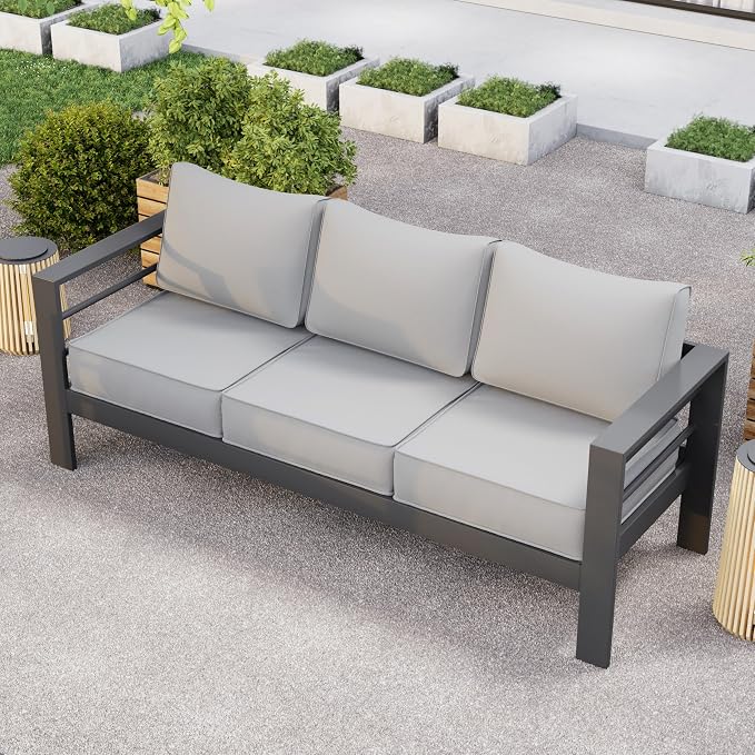 Aluminum Patio Furniture Set, 3-Seat Outdoor Furniture Set with 5 Inch Cushions, Patio Sets with Waterproof Covers for Backyard Garden(Dark Grey&Light Grey)