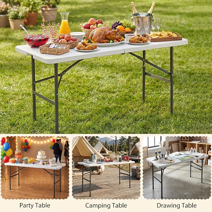 Folding Event Table, Heavy Duty Picnic Table Indoor Outdoor Camping, 4FT Portable w Handle Lock for Banquet, White