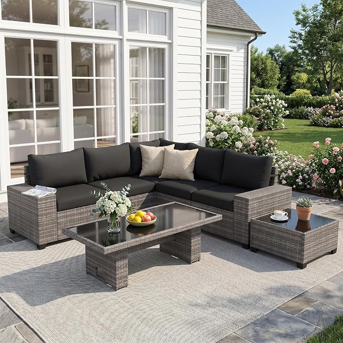 JOIVI 7 Piece Outdoor Patio Furniture Set with Adjustable Height Dining Table, Rattan Outdoor Sectional Sofa Conversation Set, PE Wicker L-Shaped Patio Furniture for Garden, Backyard, Deck, Black