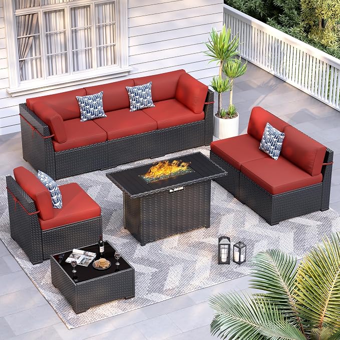 8 Piece Patio Furniture Set with 44” Fire Pit Table All-Weather Wicker Conversation Sectional Sofa & Coffee Table with Thickened Cushions for Backyard, Garden(Wine Red)
