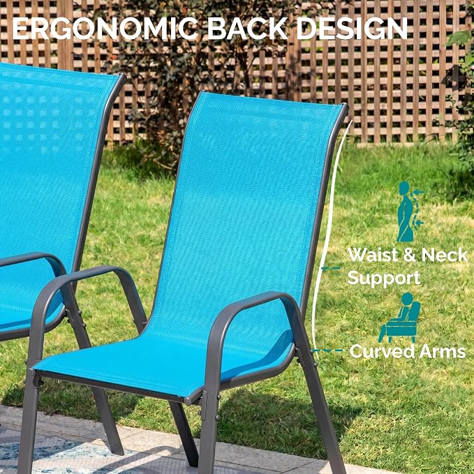 MAMIZO 7 Pieces Patio Dining Set for 6, Outdoor Table and Chairs w/Rectangle Glass Table and 6 Textilene Stackable Chairs, Patio Furniture Set w/1.69" Umbrella Hole (Grey Table & Sky Blue Chair)
